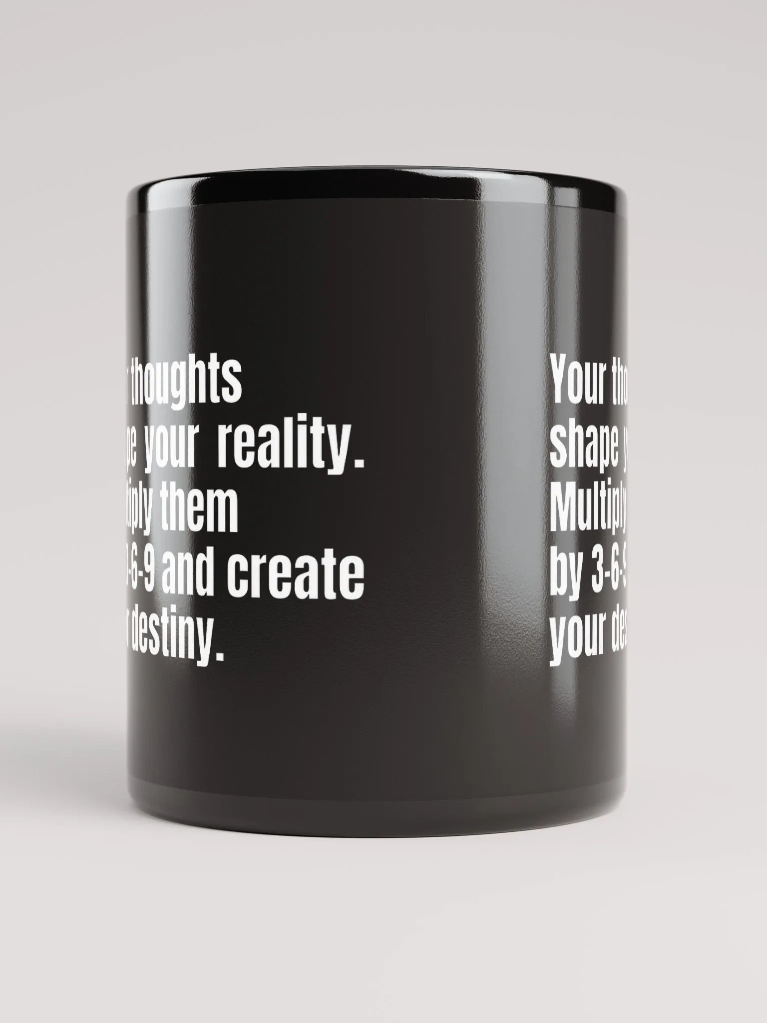 Black Motivational Mug – "Your Thoughts Shape Your Reality" – 3-6-9 Manifestation Design product image (9)