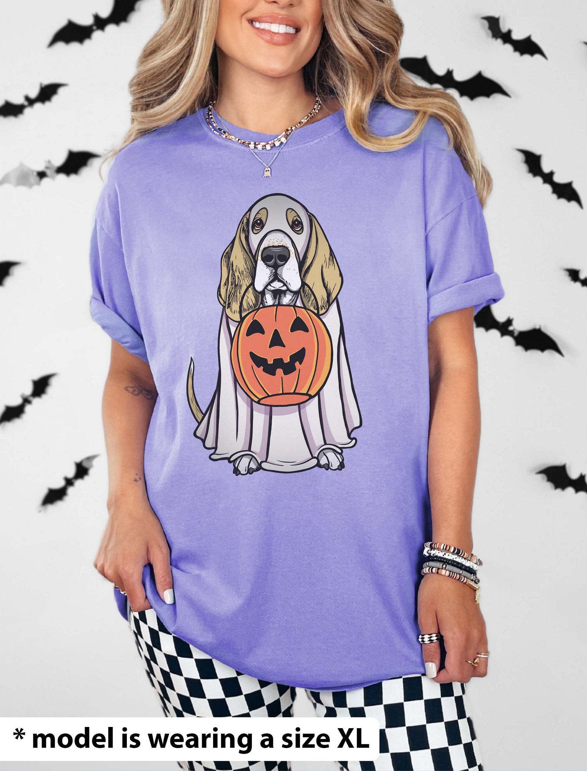 Funny Halloween Basset Hound(Lemon) T-Shirt | Funny Basset Hound Wearing a Ghost Costume and Holding a Pumpkin Basket product image (24)