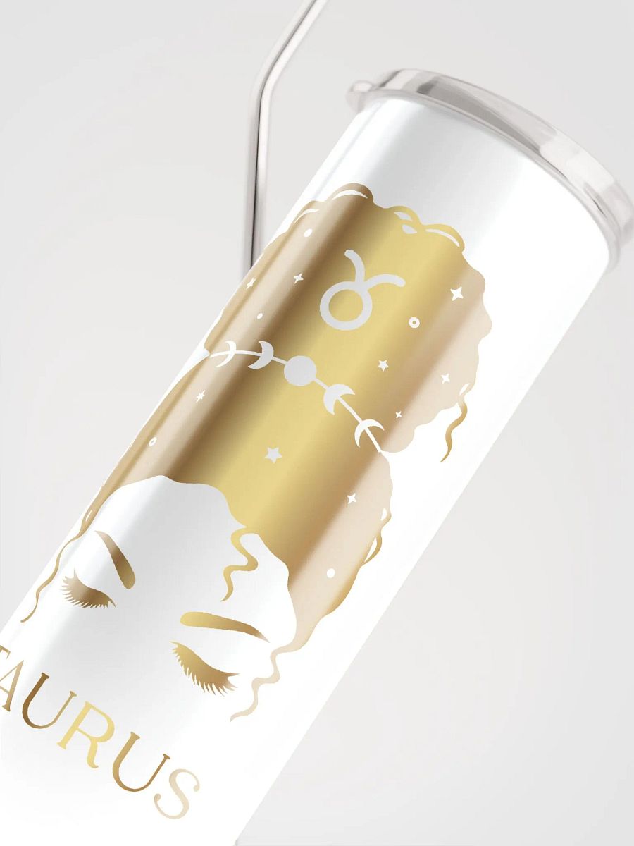 Chic & Celestial: White Taurus Steel Tumbler with Golden Messy Bun Design product image (5)