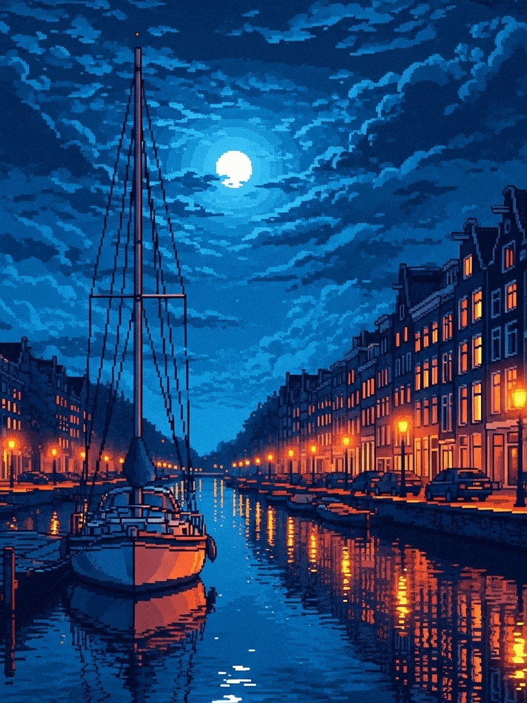 Moonlit Canal Pixel Art - Free Wallpaper product image (1)