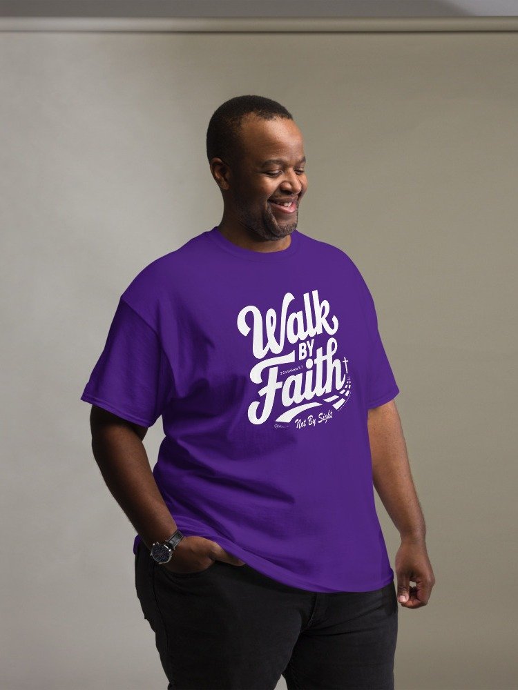 Walk By Faith, Heavyweight Unisex Crewneck T-shirt | Gildan® 5000, 2 Corinthians 5:7, KJV, Bible Verse, Scripture Shirt, White print on Dark Shirts product image (13)