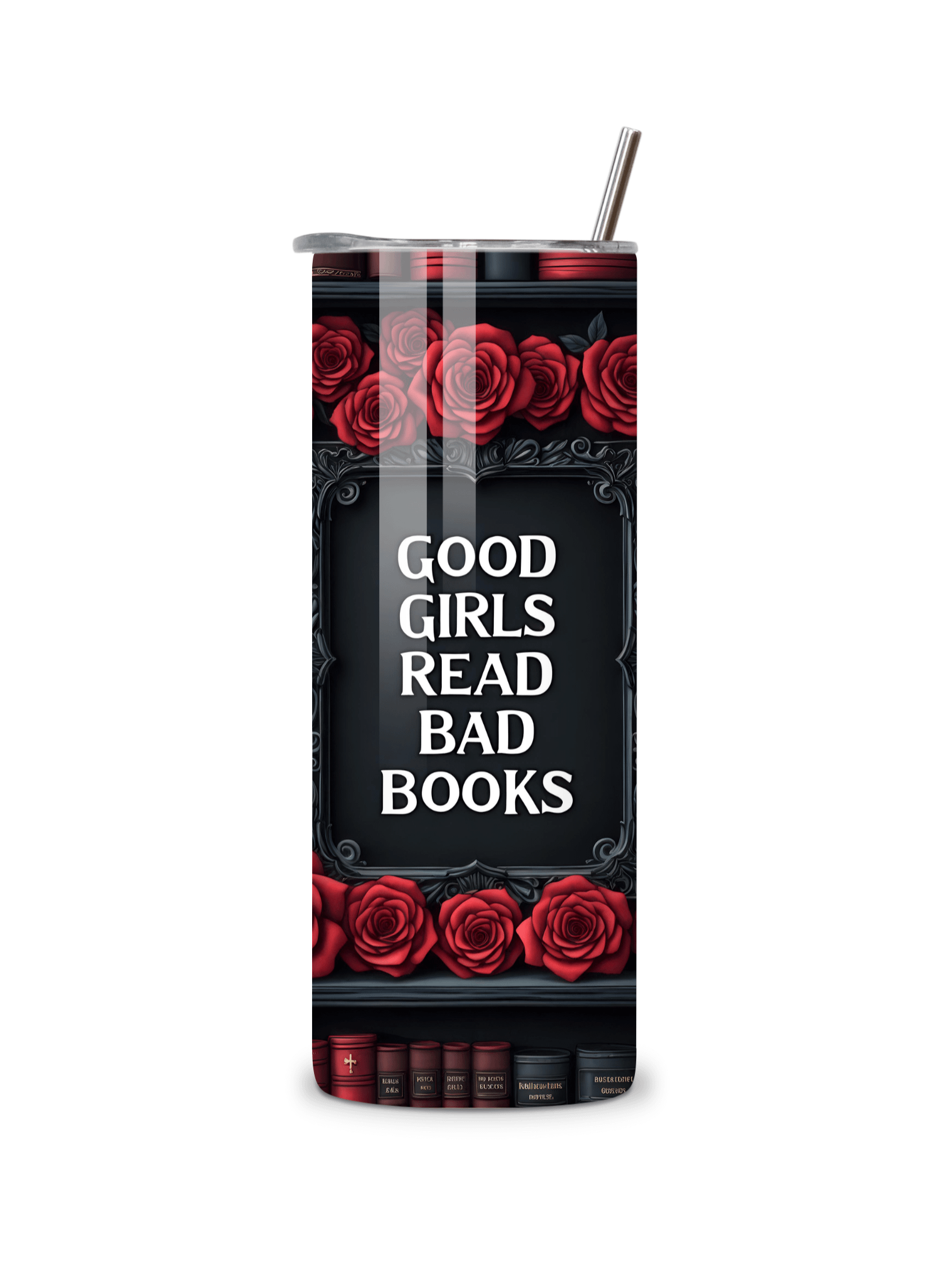Goth 20oz Skinny Tumbler with Metal Straw – Elegant Red Rose and Library Design – Double-Walled Insulated Stainless Steel Tumbler for Hot & Cold Drinks, Gift for Goth Book Lover product image (3)