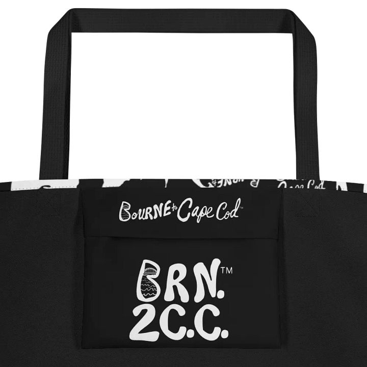BOURNE to Cape Cod™ | Large Tote Bag with Pocket | Coastal Classic | All-Over Logo Print | White Logo Repeat on Black product image (2)