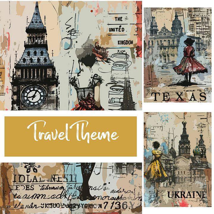 Vintage Style Junk Journal Travel Poster Cards Set - Artistic Illustrations of Global Destinations Scrapbook Decoupage product image (1)