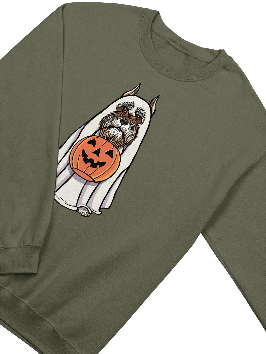 Funny Halloween Schnauzer(Cropped Ears Liver) Sweatshirt | Funny Schnauzer Wearing a Ghost Costume and Holding a Pumpkin Basket product image (18)