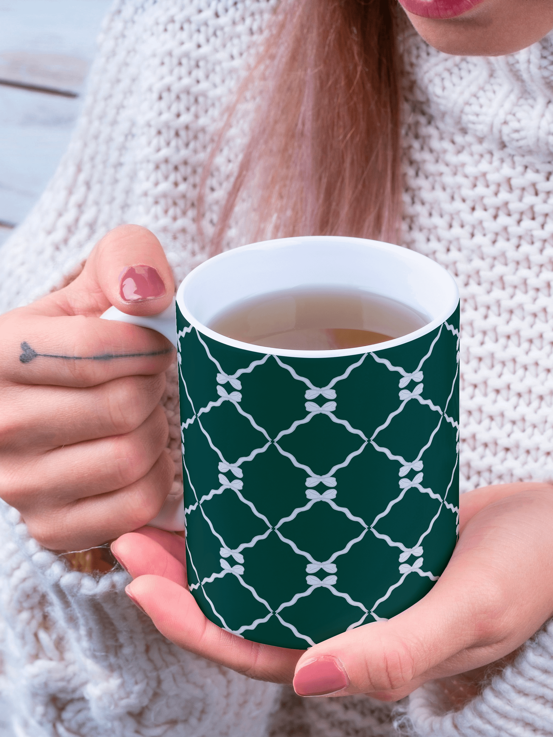 Bows and Ribbon Pattern Mug in Green and White product image (1)