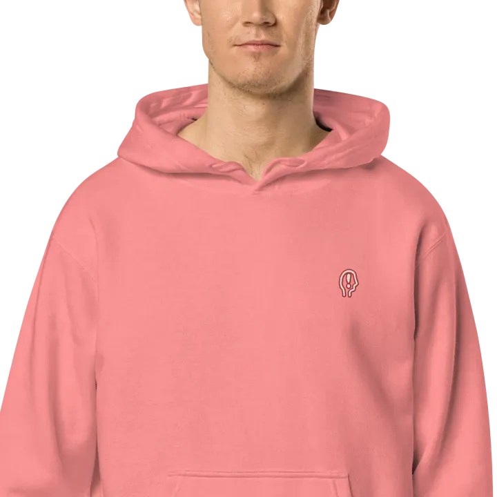 EXCLAIMING MENTALLY (sm. red bubble design) embroidered pigment hoodie product image (2)