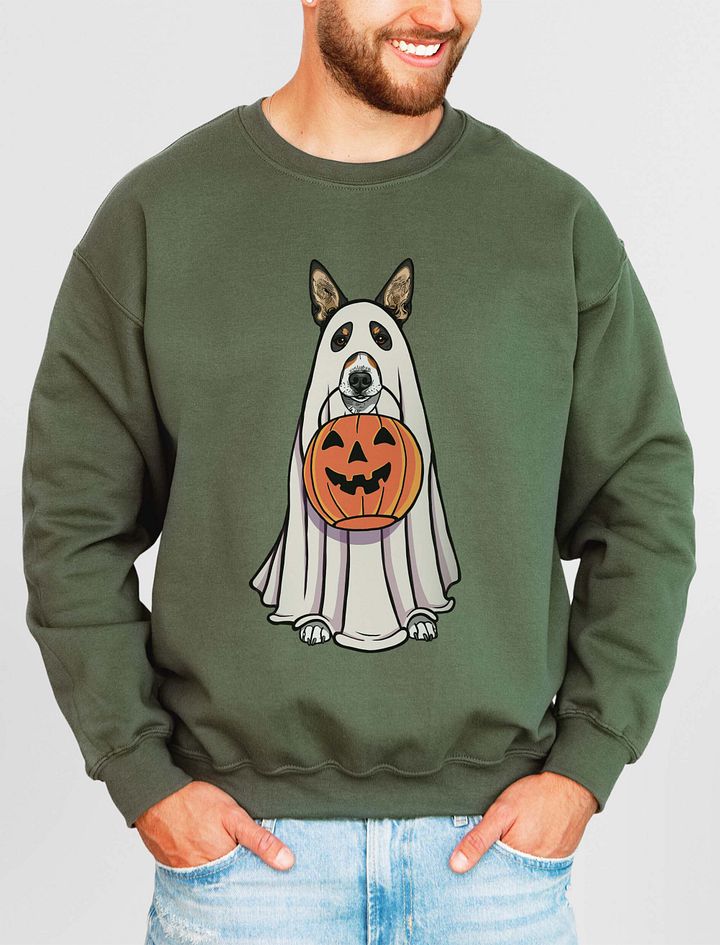 Funny Halloween Basenji(Tricolor) Sweatshirt | Funny Basenji Wearing a Ghost Costume and Holding a Pumpkin Basket product image (11)