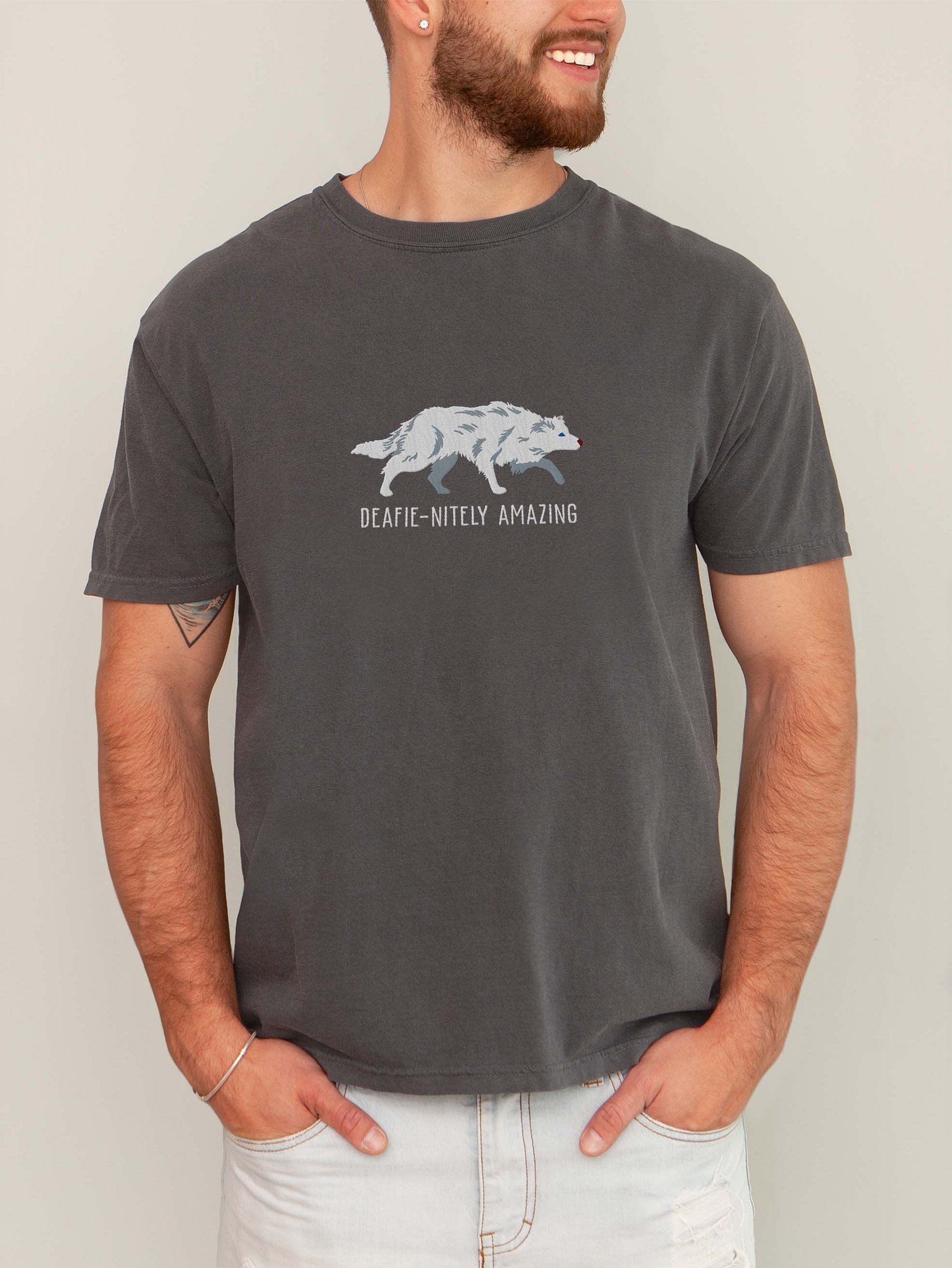 Deafie-Nitely Amazing T-Shirt(Embroidered) of a Border Collie(Double Merle) product image (2)