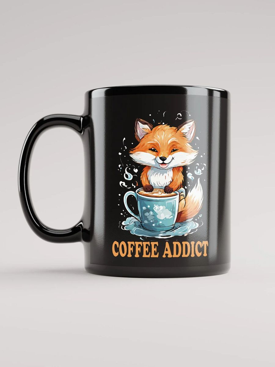 Coffee Addict Funny Black Glossy Mug | Double-Sided Cute Fox Holding Coffee Cup Design | Perfect Gift for Coffee Lovers product image (6)