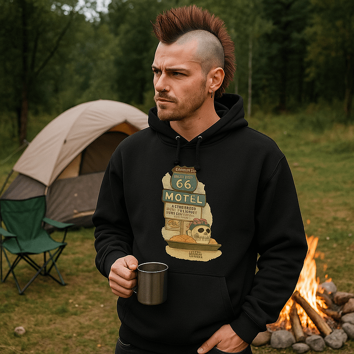 Route 66 Motel Skull Hoodie – Vintage Road Trip Día de los Muertos Sweatshirt product image (2)