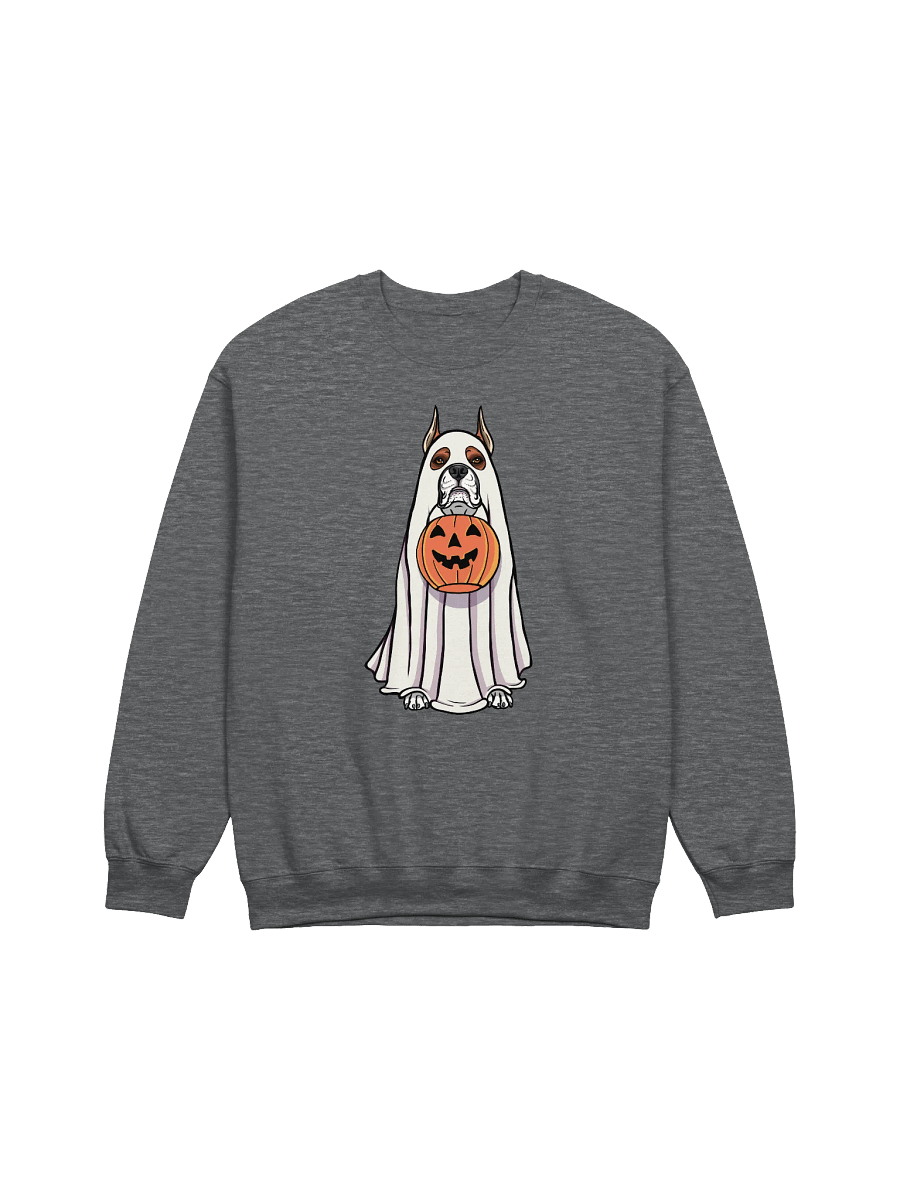 Funny Halloween Boxer Dog(Cropped Ears) Sweatshirt | Funny Boxer Wearing a Ghost Costume and Holding a Pumpkin Basket product image (3)