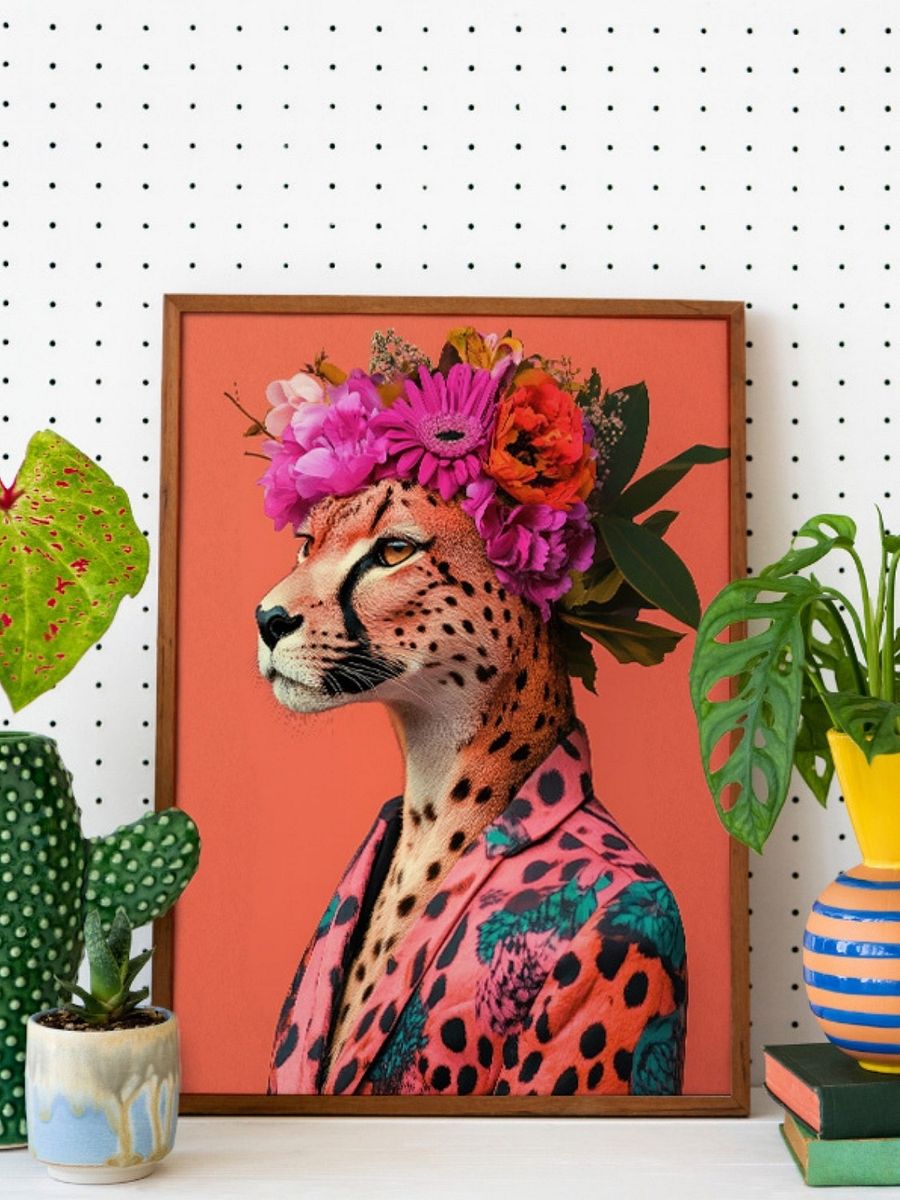Cheetah Wearing Floral Wreath and Funky Jacket Animal Fashion Art Print product image (27)
