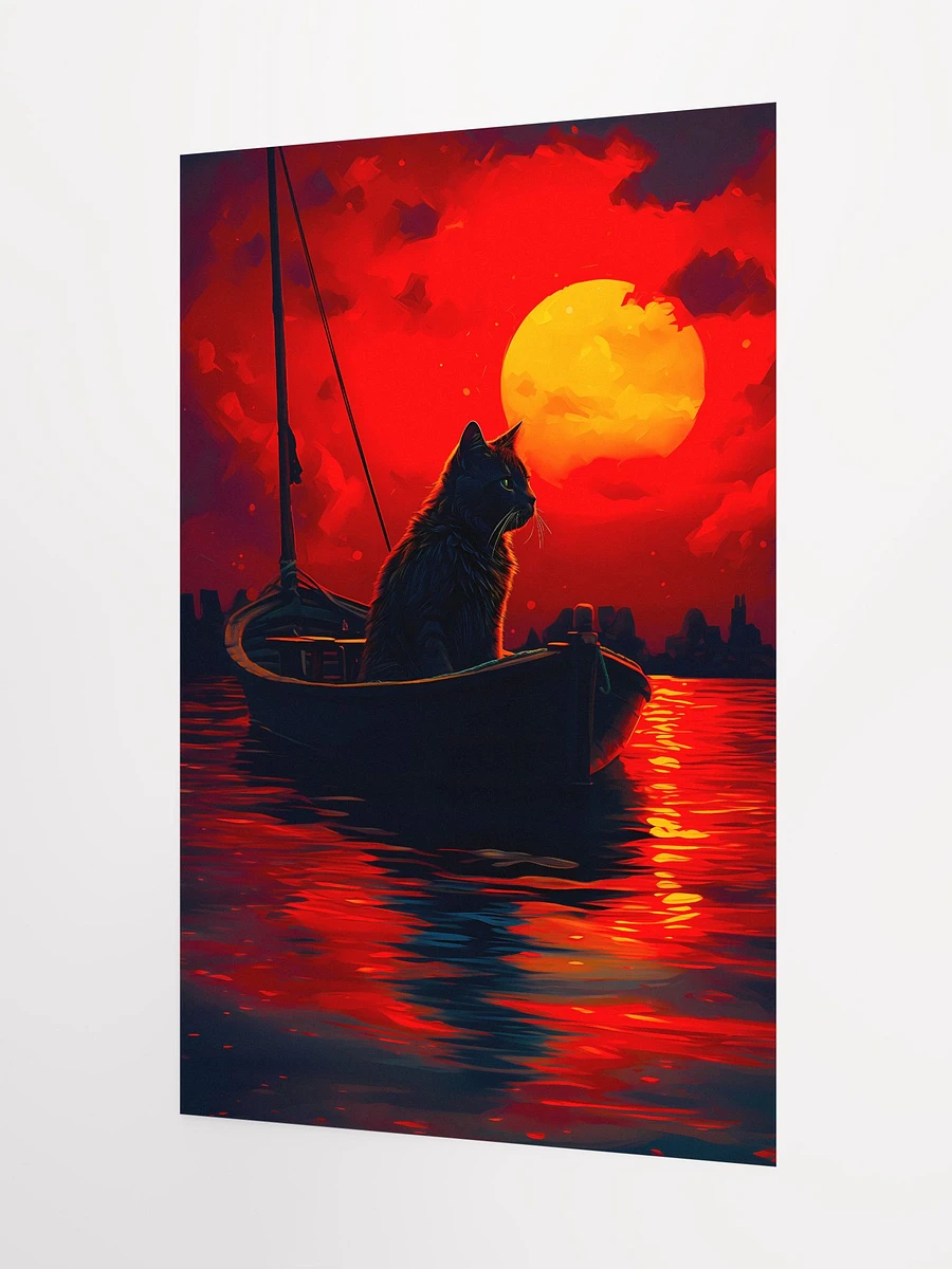 Cat on a Boat in Crimson Moonlit Sea Full Moon Matte Poster product image (5)