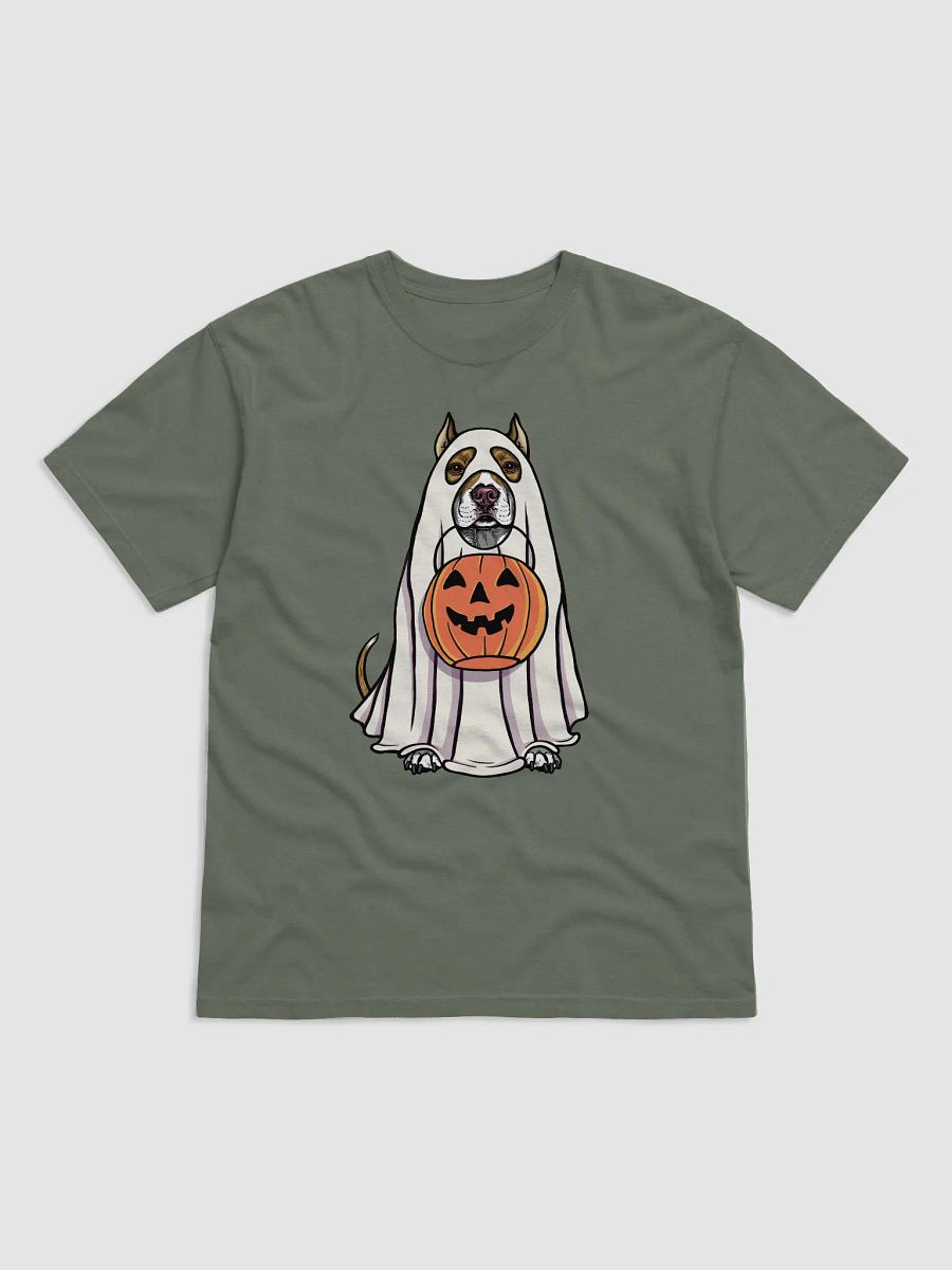Funny Halloween Pitbull Terrier(Cropped Ears, Brindle) T-Shirt | Funny Pittie Wearing a Ghost Costume and Holding a Pumpkin Basket product image (12)