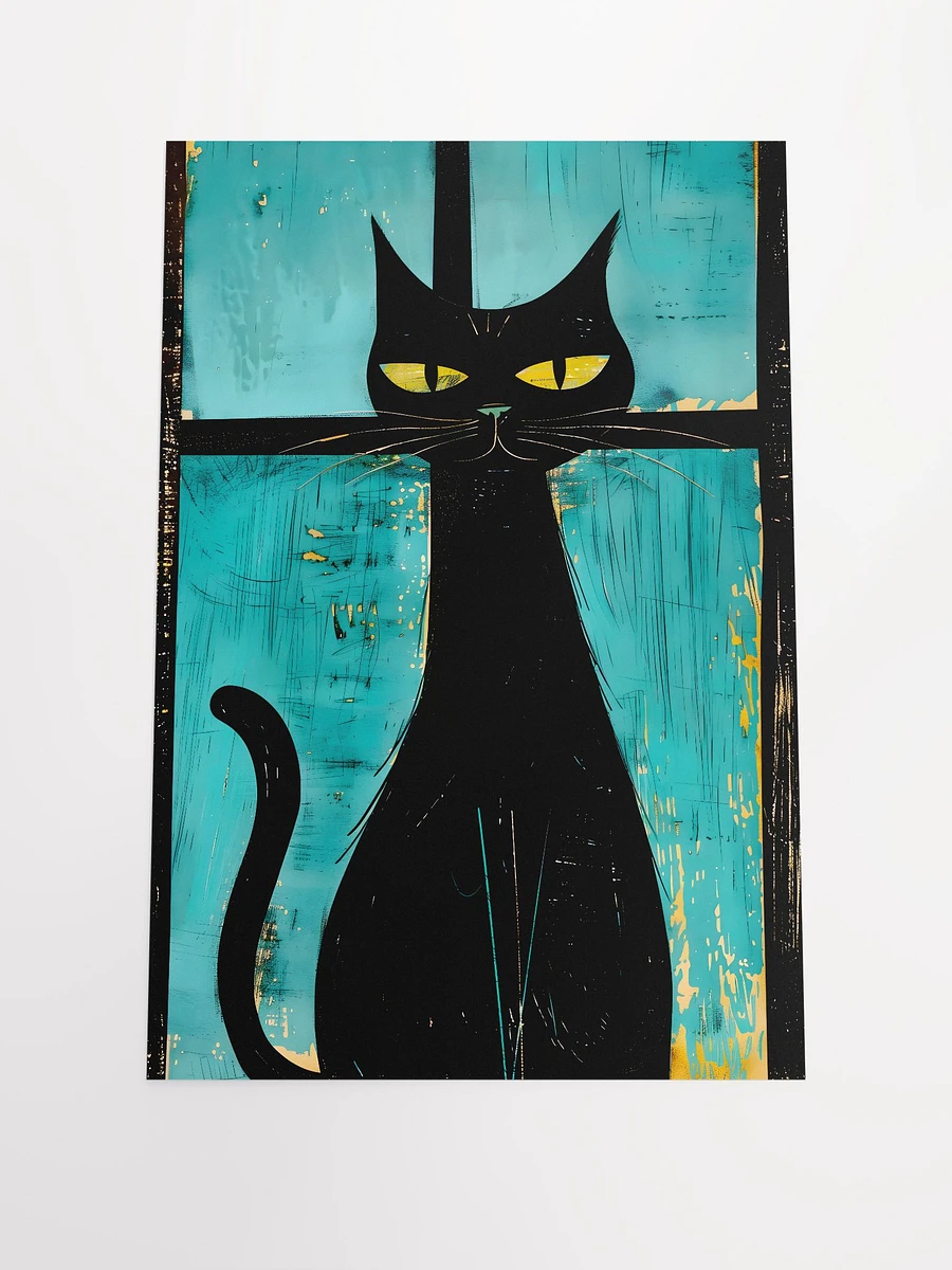 Mystic Gaze: Black Cat with Vintage Teal Background Art Matte Poster product image (3)