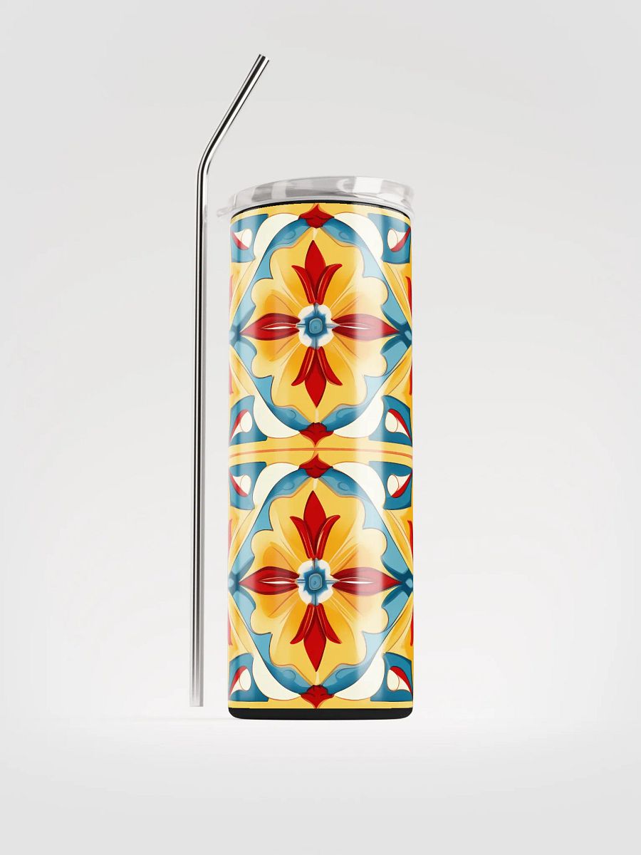 Colorful Brite Tile Pattern, Reds, Yellows, Blues, White Skinny Tumbler with Straw, 20oz product image (2)