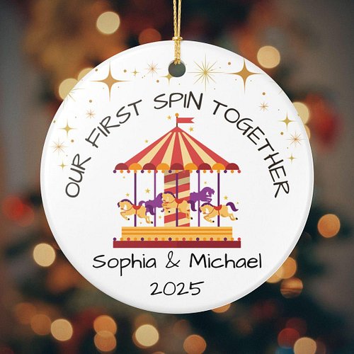 Personalized Ceramic Carousel Ornament: Our First Spin, Newlywed Keepsake by CoasterCultureInd #PersonalizedGifts #ChristmasO...