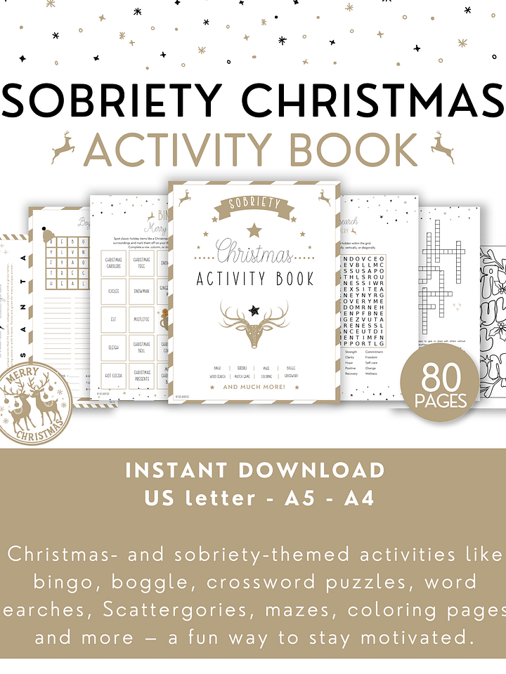 Sobriety Christmas Activity Book, Holiday Puzzles & Recovery Activities, Coloring Pages, Women Gift For Sober Support, Digital Printable PDF product image (1)