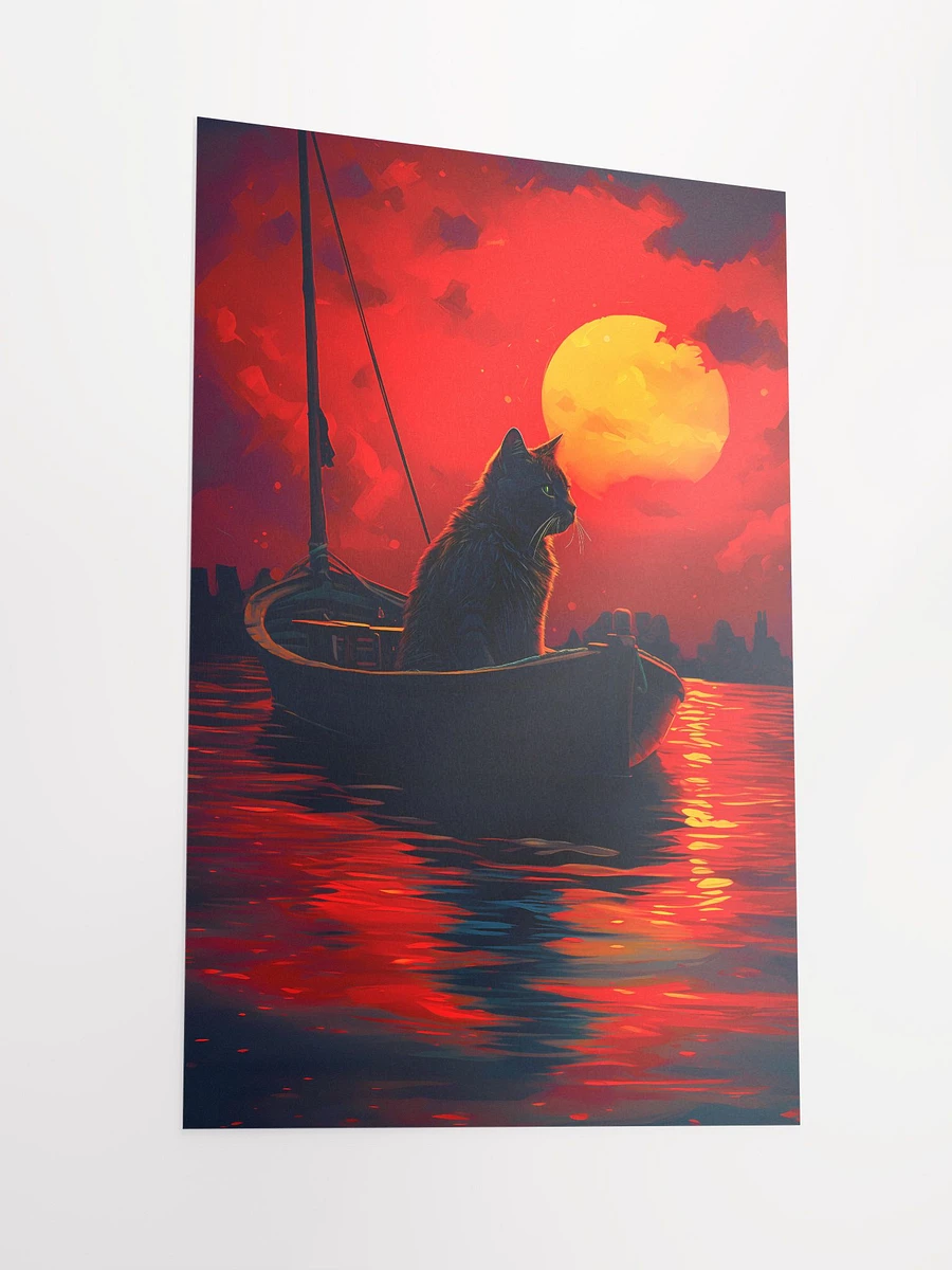 Cat on a Boat in Crimson Moonlit Sea Full Moon Matte Poster product image (4)