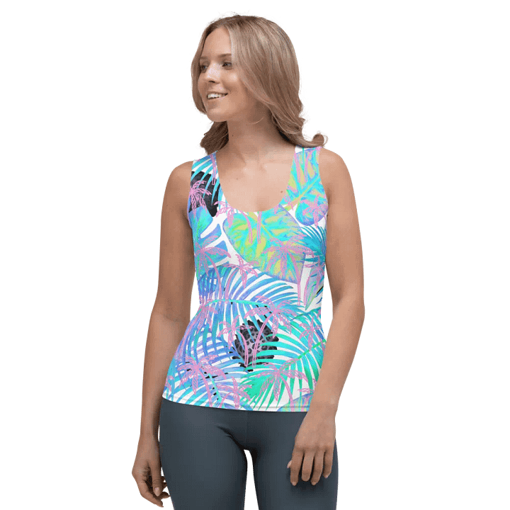 Ladies tank top  all over print blue and pink palm leaf tropical design giving a fresh holiday  feel. product image (1)