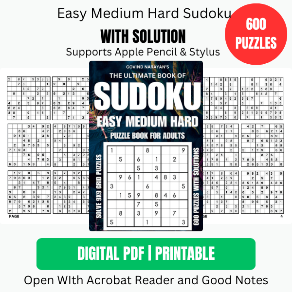 600 Easy, Medium, Hard Sudoku Puzzles | Ebook | Printable product image (1)