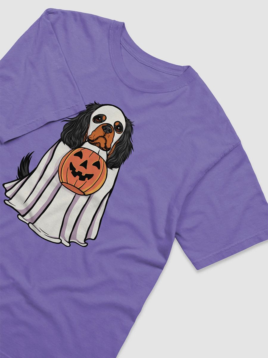 Funny Halloween Cavalier King Charles Spaniel(Black & Tan) T-Shirt | Funny Cavalier Wearing a Ghost Costume and Holding a Pumpkin Basket product image (25)