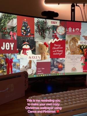 I had spent a good 20 minutes on Pinterest looking for a cute Christmas wallpaper and I realized I could probably make my own!! Found a cute template and then made it into my own using some cozy Christmas photos that remind me of Christmas! ❤️❤️ I can’t wait to decorate my hobby room and twitch for Christmas! 🎄❄️ #pcsetup #wallpaperaesthetic #desktopwallpaper #christmastiktok #christmasdecor 