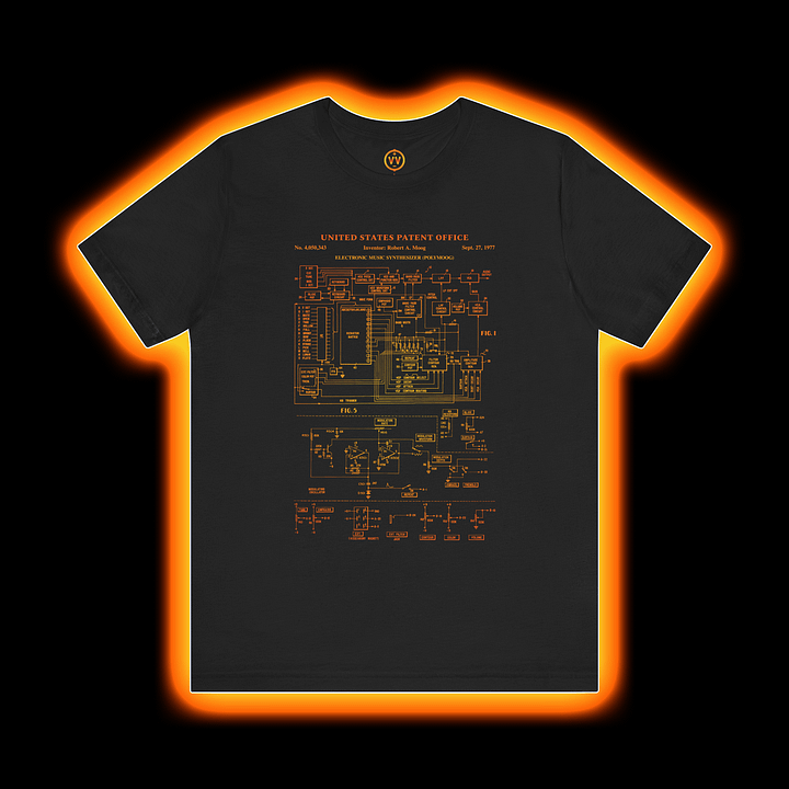 Polymoog T-Shirt - Moog Synth Patent 1977 (Vintage Analog Synthesizer) AMBER PRINT product image (1)