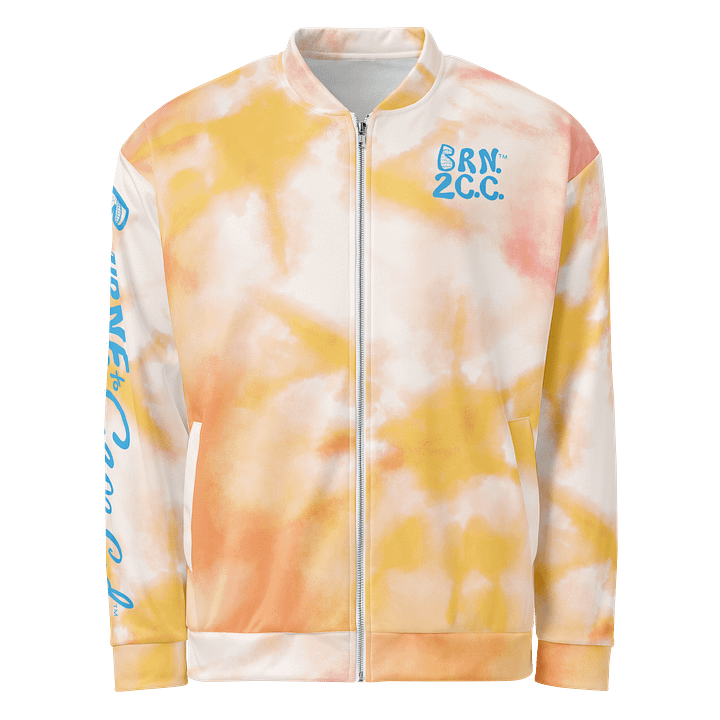 All-Over Print Bomber Jacket | Coastal Cool, City Bold | BOURNE to Cape Cod™ + BRN.2C.C.™ Style | Deep Sky Blue Logos on Orange Tie-Dye product image (1)