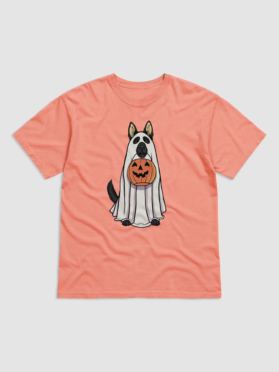 Funny Halloween German Shepherd(Black) T-Shirt | Funny GSD Wearing a Ghost Costume and Holding a Pumpkin Basket product image (18)