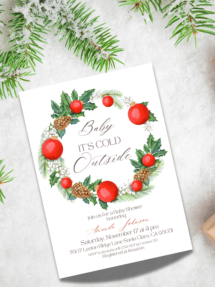 Winter Baby Shower Invitation for Baby It’s Cold Outside Themed Party, Digital Download Christmas Wreath Invite Template product image (1)