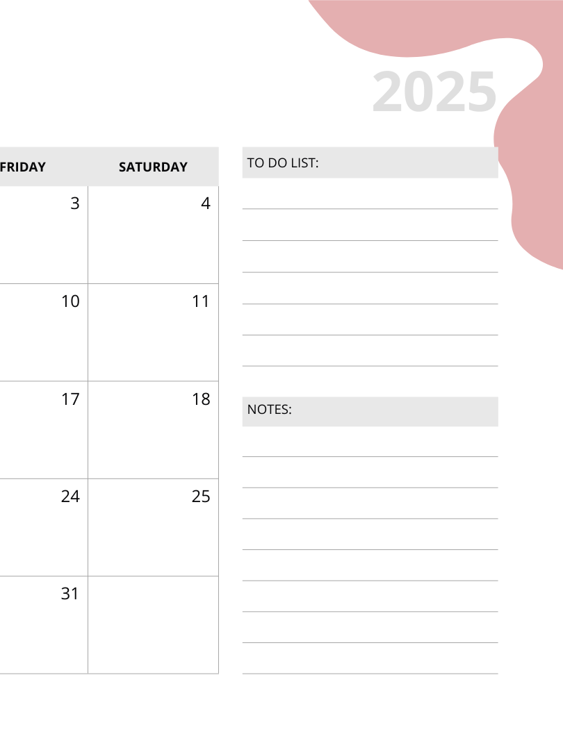 Simple printable 2025 monthly calendar product image (2)