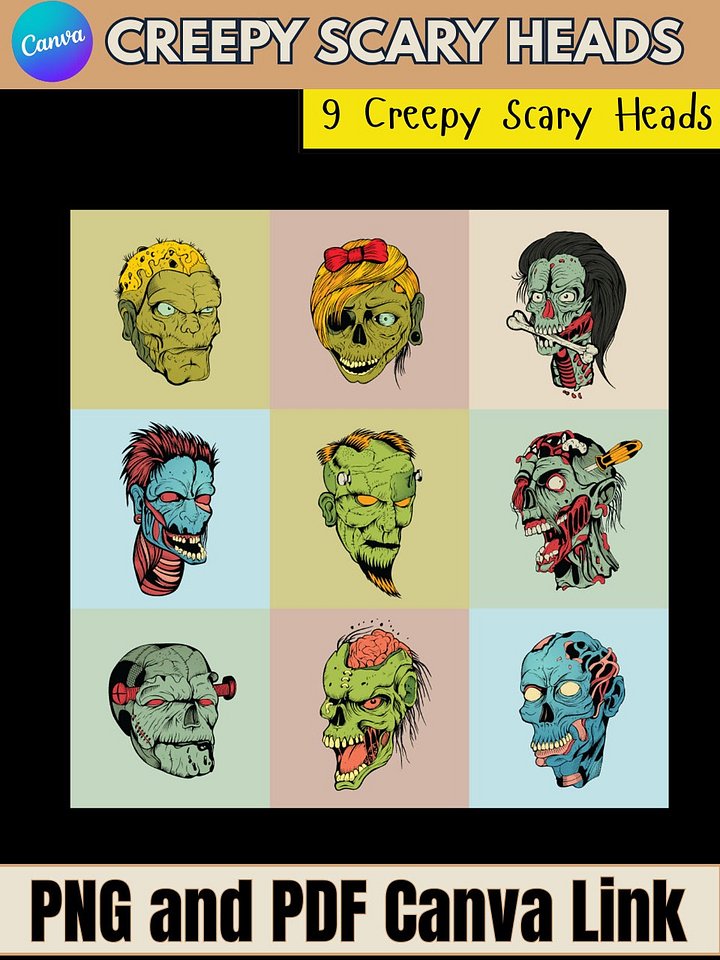 9 Creepy Scary Heads - Editable in Canva - PNG Files product image (1)