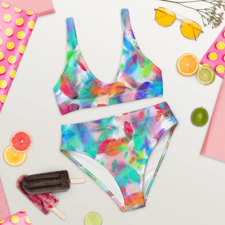 Colorful Feather Pattern Design High Waisted Bikini - v2 product image (9)