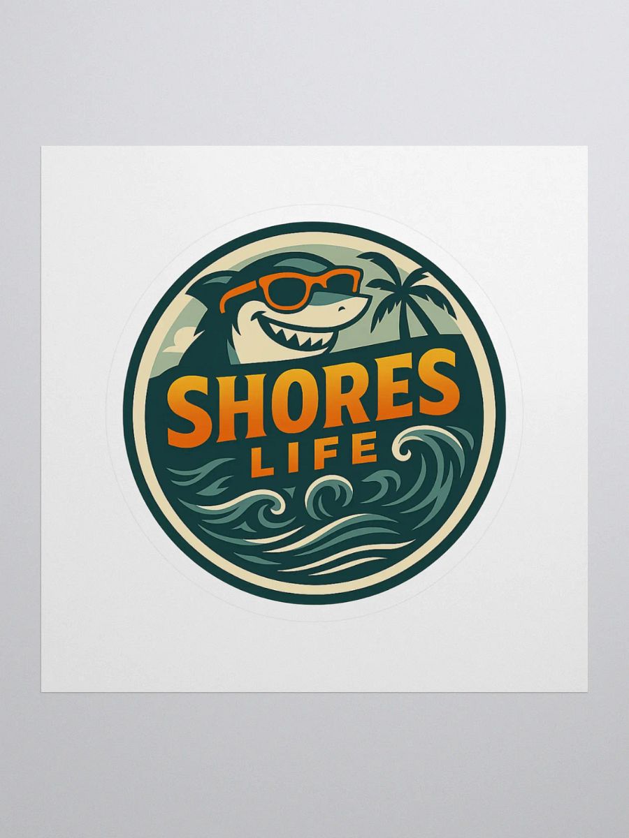 Shores Life Shark Sticker – Cool Beach Logo with Sunglasses & Waves | 4" x 4" Decal product image (1)