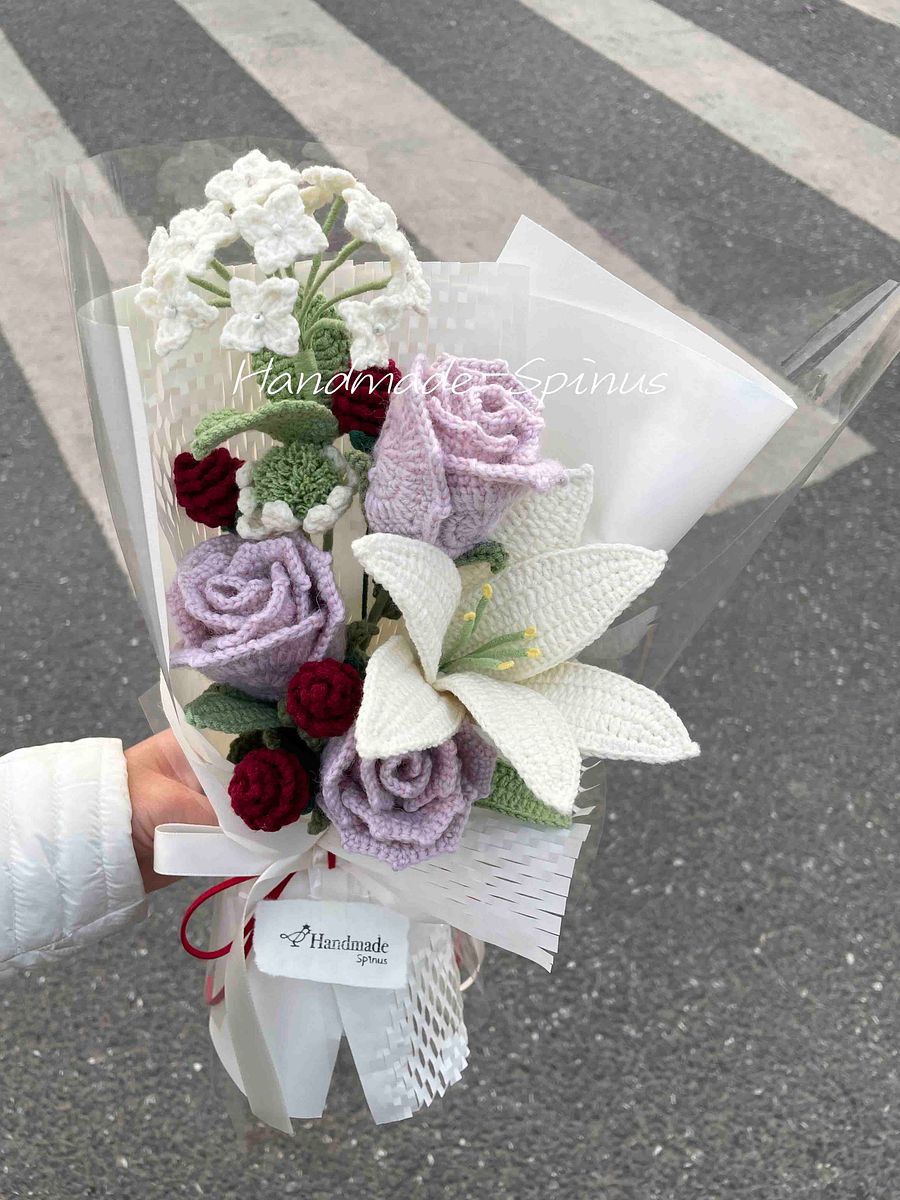 Pink Roses, Lilies And Red Crochet Knit Bouquet product image (1)