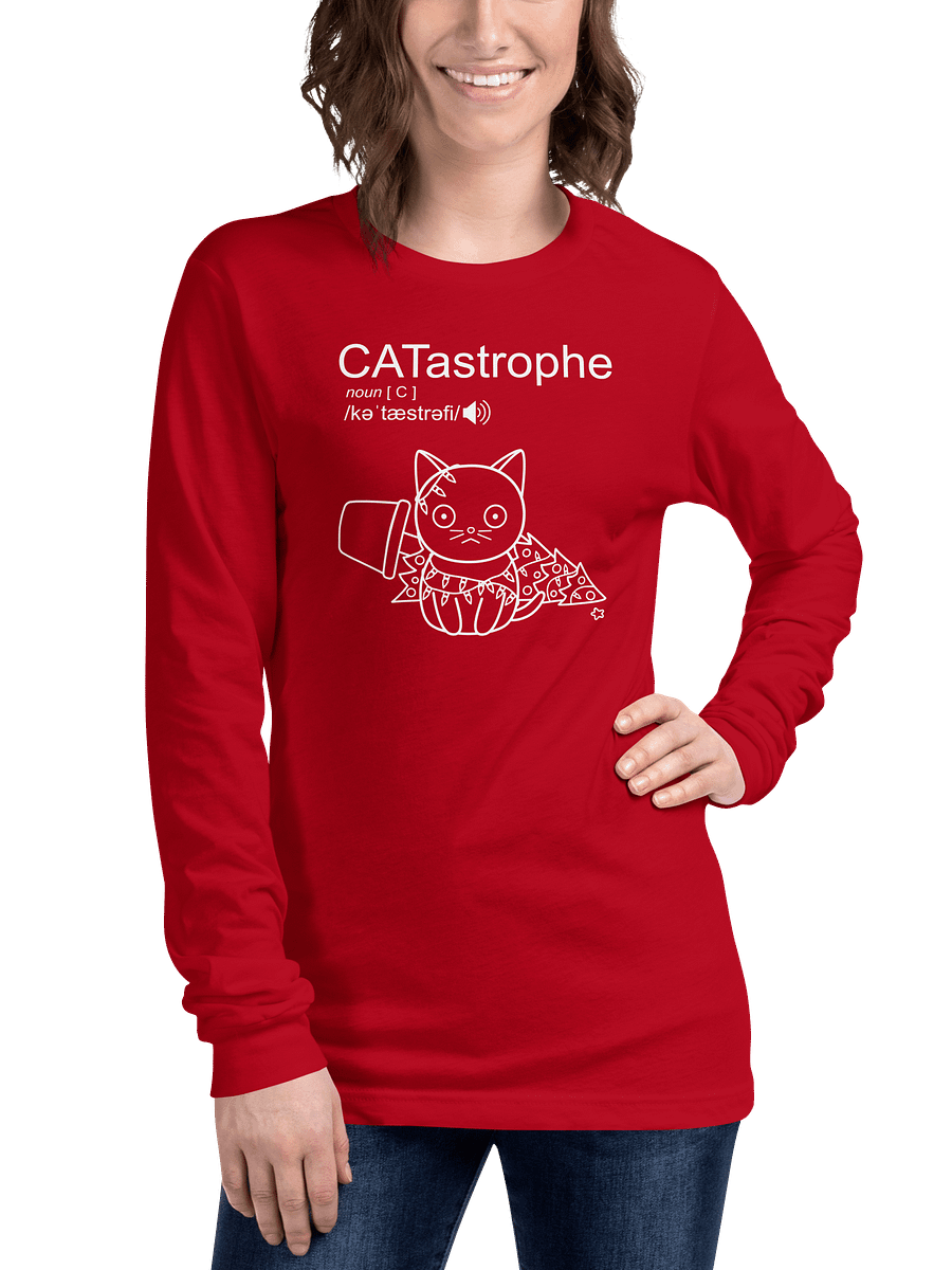 CATastrophe Unisex Long Sleeve Tee, Cat with Christmas Tree, White Print product image (3)