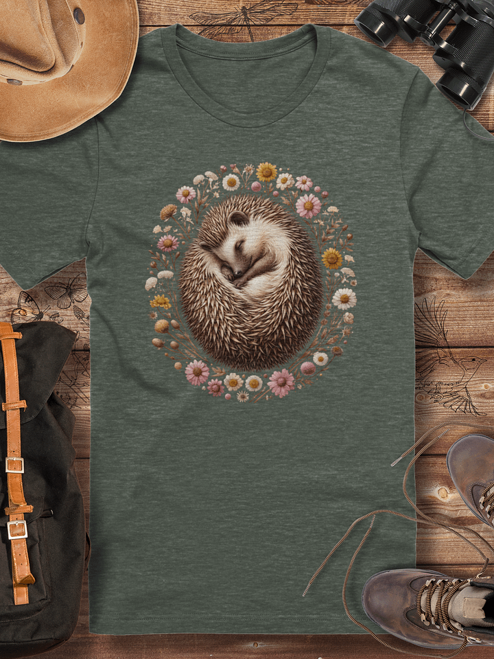 Sleeping Hedgehog T-Shirt, Cute Woodland Animal Tee, Floral Hedgehog Nature Shirt, Wildlife Lover Gift, Cozy Forest-Inspired Unisex T-shirt product image (1)
