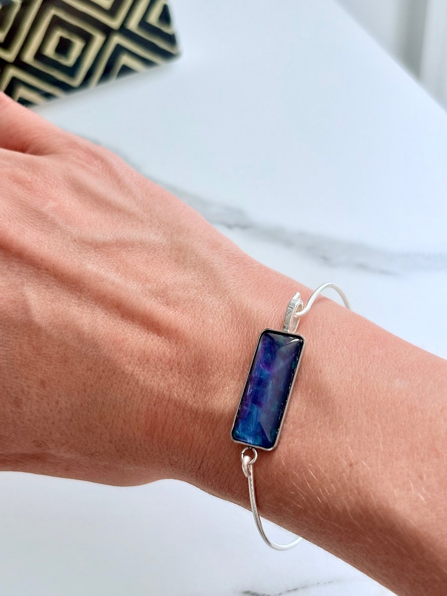 ⚡ Electric Tide Bangle | 6.75" Silver-Plated Wire Bracelet with Purply Blue Rectangle Charm | Handmade Coastal Charm Jewelry by Monique Faella Designs™ | MFD-00177 product image (4)