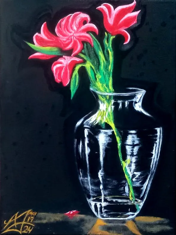 Glass Vase: Eye-Catching Vibrant Floral Still Life Handmade Oil Painting (12 in x 16 in) by Arthur Taylor (Unframed Canvas) product image (1)