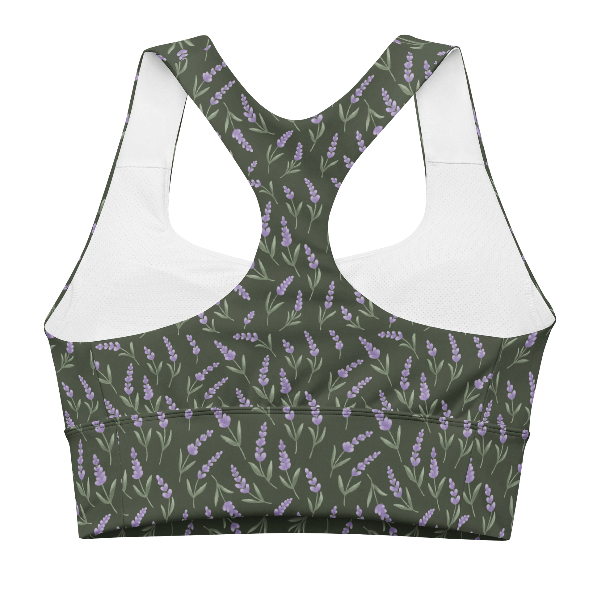 All-Over print recycled longline sports bra with lavender pattern on green background product image (4)