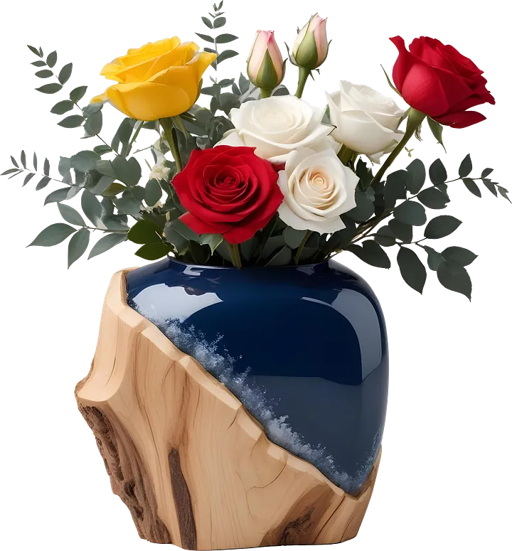 Eternal Charm – Wooden Elegance Vase with Roses PNG product image (1)