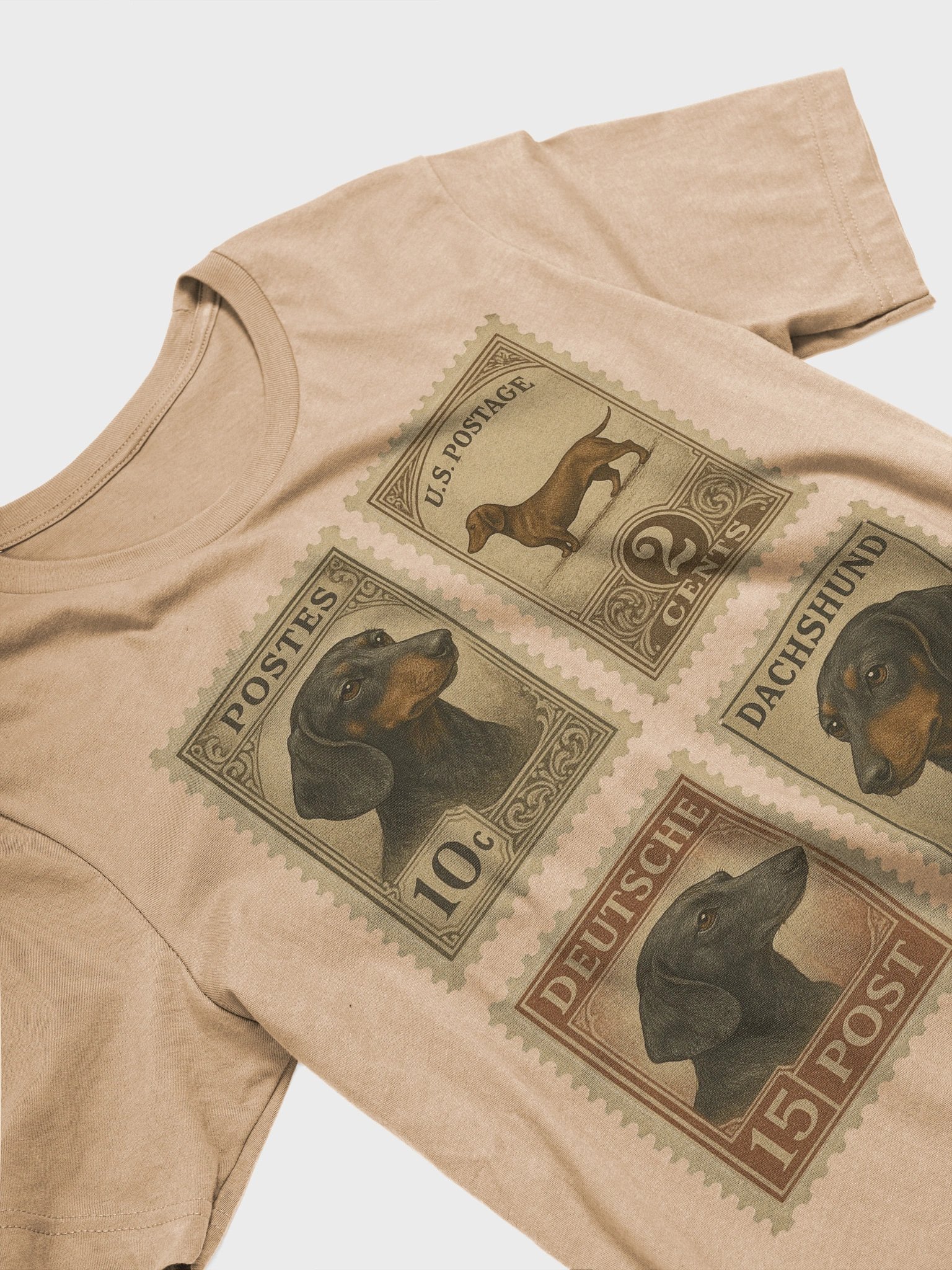 Vintage Dachshund Stamp Collection T-Shirt – Retro Dog Lover's Travel Tee product image (6)