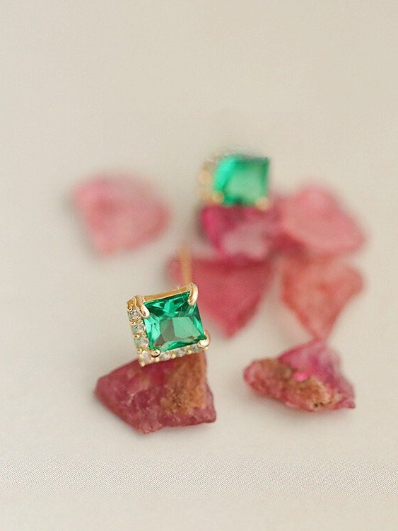 Green Princess-Cut Stud Earrings | 18K Gold Plated product image (4)