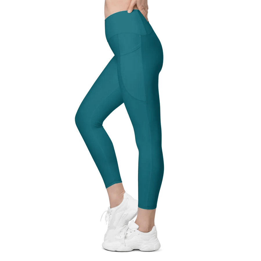 Plain Teal Blue True Summer Women's High Waisted Premium Crossover Leggings with Pockets by Treasure Pie product image (6)