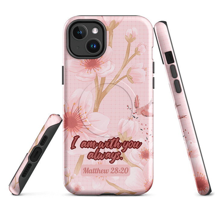 I am with You Always Matthew 28:20, Inspirational Gift, Tough iPhone Magnetic Case Scripture, Sunflower Bible Verse, MagSafe® iPhone® Tough Case, iPhone 14, iPhone 15, iPhone 16, Pro, Pro Max, Plus. product image (1)