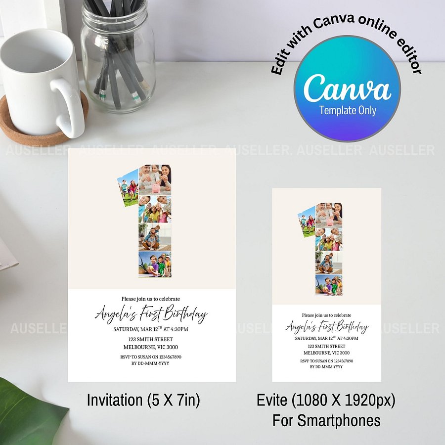 1st Birthday Photo Collage Editable Invitation Template product image (4)