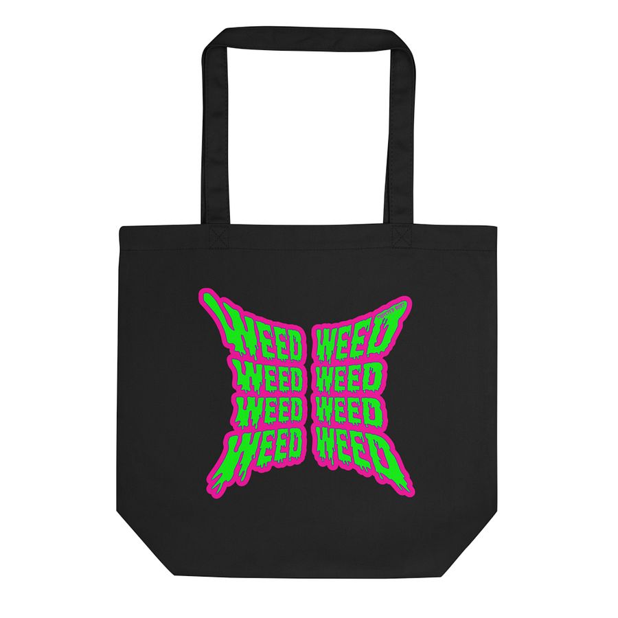 Cannabis Butterfly Tote Bag, Pink Green Weird Weed Acccesory, Organic Eco-Friendly Black Bag product image (1)