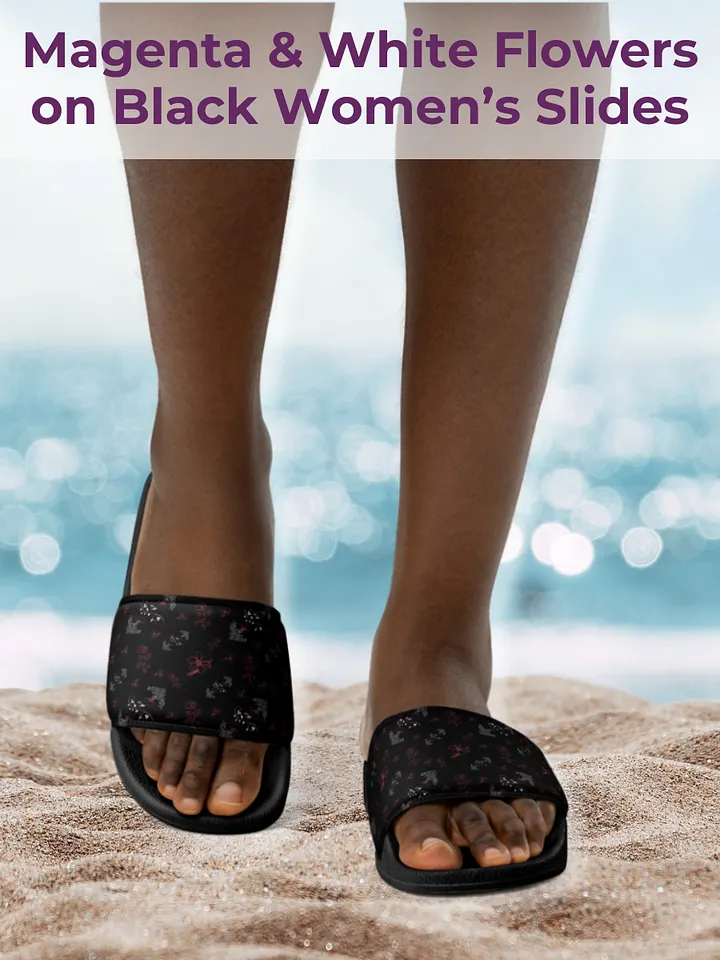 Magenta and White Flowers on Black Women's Slides product image (1)